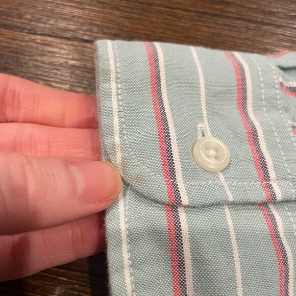 American Eagle Men's Sz M Green Red White Striped Relaxed Fit Shirt - Picture 7 of 13